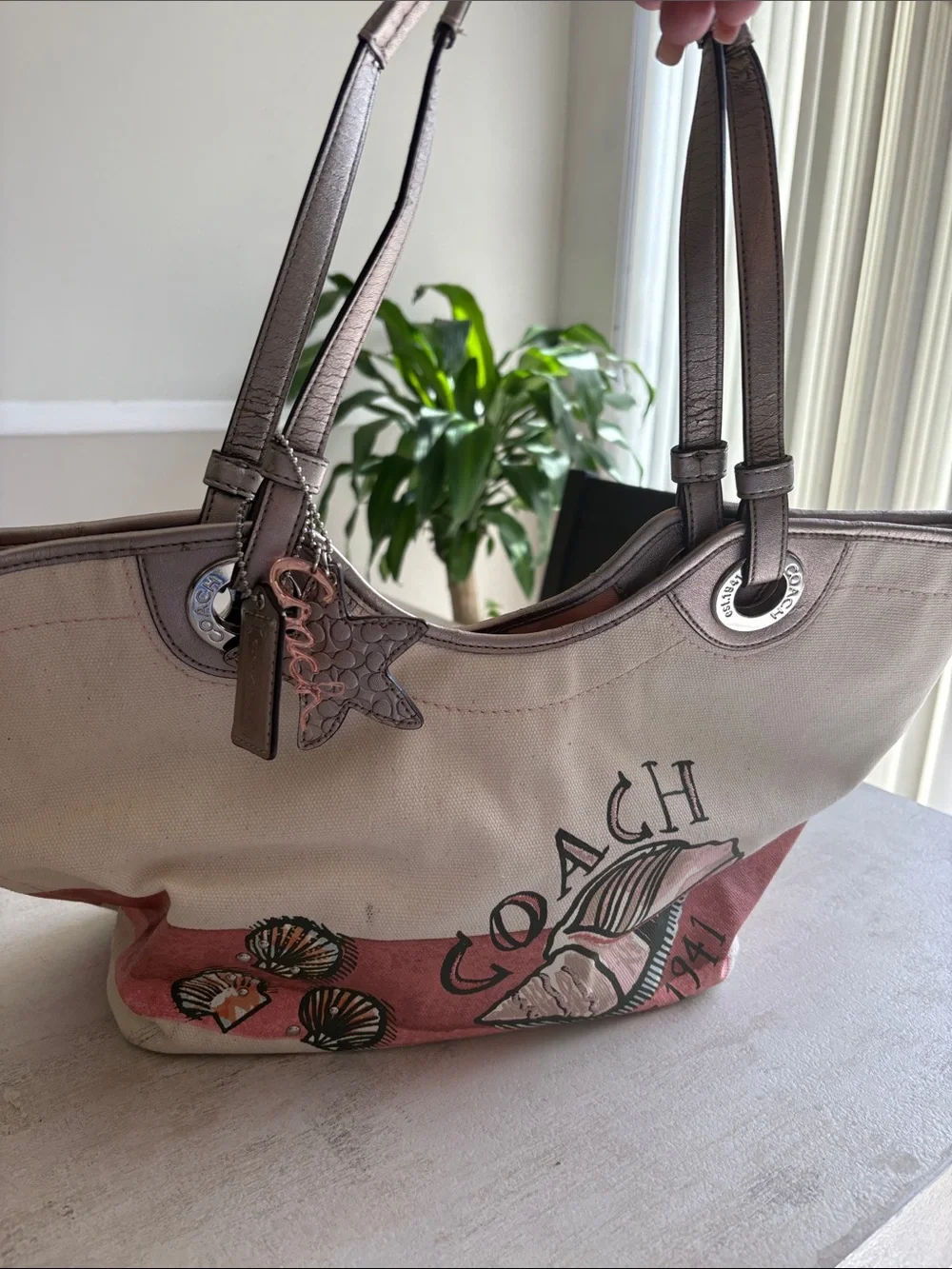 Coach Canvas Tote with Taupe Star Charm and Rose Gold Script